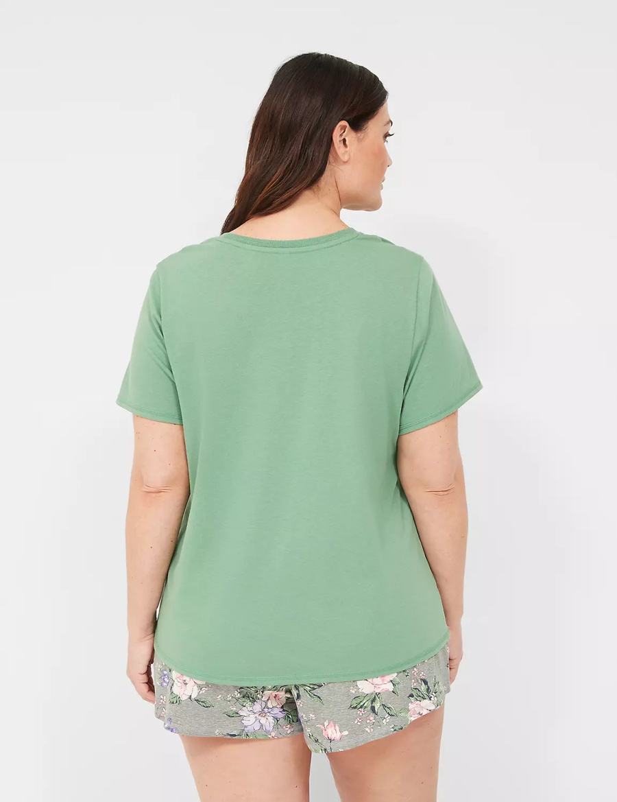 Women Lane Bryant Comfy Cotton Rib-Trim Tee & Short PJ Set Pajamas Green Multicolor | BIK8148UB
