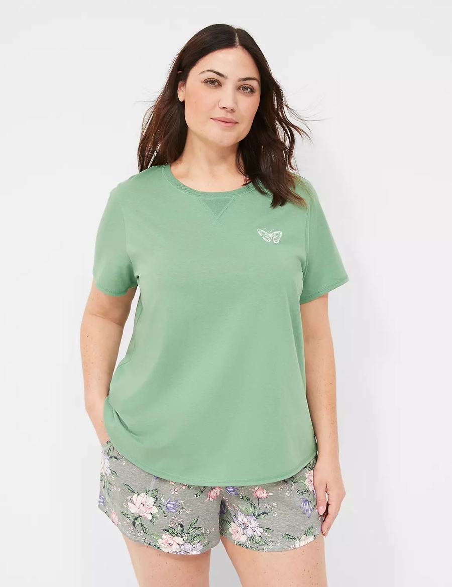 Women Lane Bryant Comfy Cotton Rib-Trim Tee & Short PJ Set Pajamas Green Multicolor | BIK8148UB