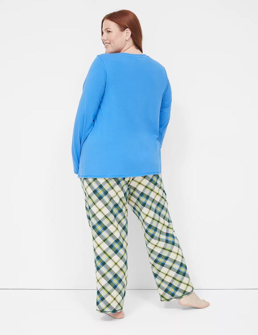 Women Lane Bryant Comfy Cotton Shirt & Pant PJ Set Pajamas Blue Multicolor | WWU2782PQ