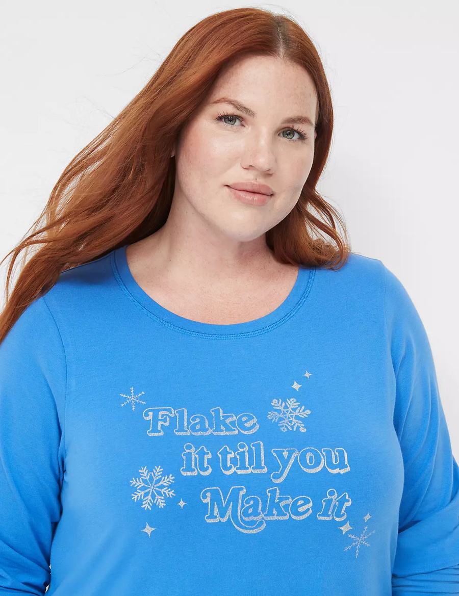 Women Lane Bryant Comfy Cotton Shirt & Pant PJ Set Pajamas Blue Multicolor | WWU2782PQ