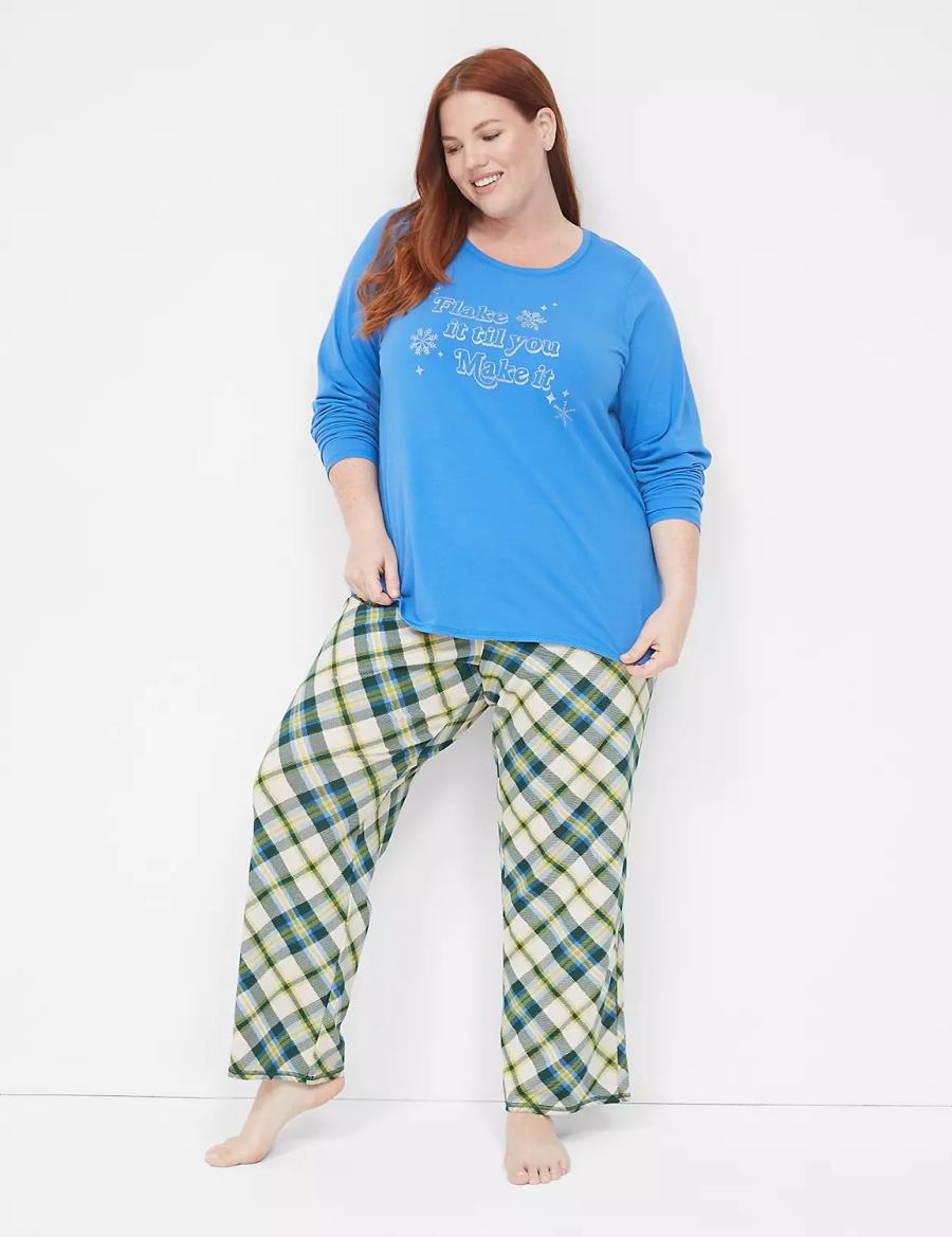 Women Lane Bryant Comfy Cotton Shirt & Pant PJ Set Pajamas Blue Multicolor | WWU2782PQ