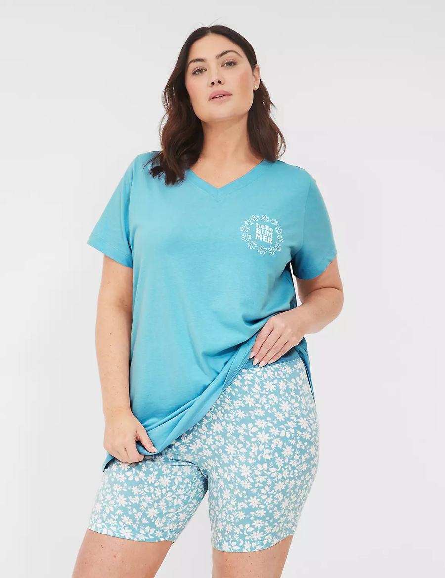 Women Lane Bryant Comfy Cotton Tee & Bike Short PJ Set Pajamas Blue Multicolor | UGM1887NI