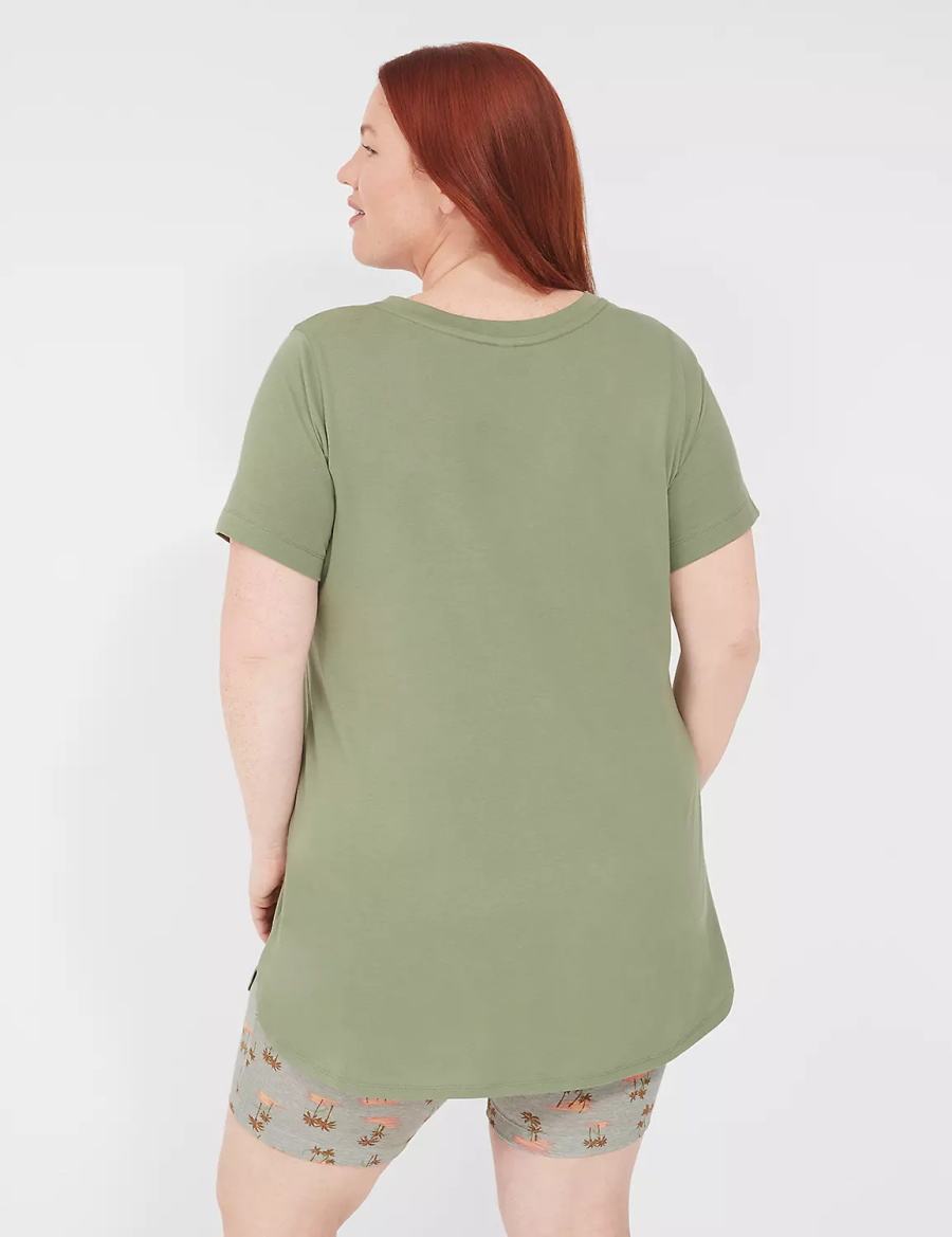 Women Lane Bryant Comfy Cotton Tunic Tee & Bike Short PJ Set Pajamas Green Multicolor | UIX6644UG
