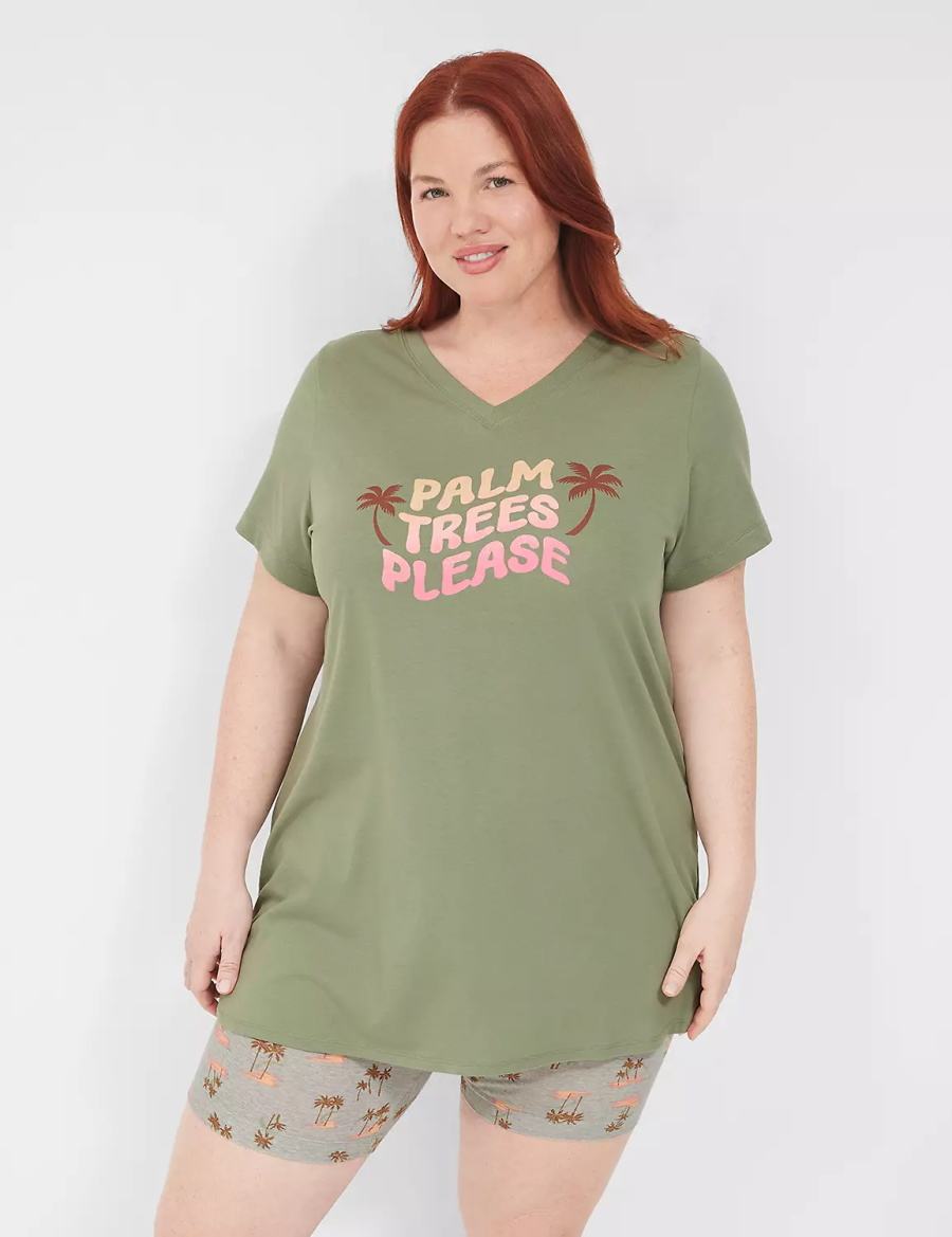 Women Lane Bryant Comfy Cotton Tunic Tee & Bike Short PJ Set Pajamas Green Multicolor | UIX6644UG