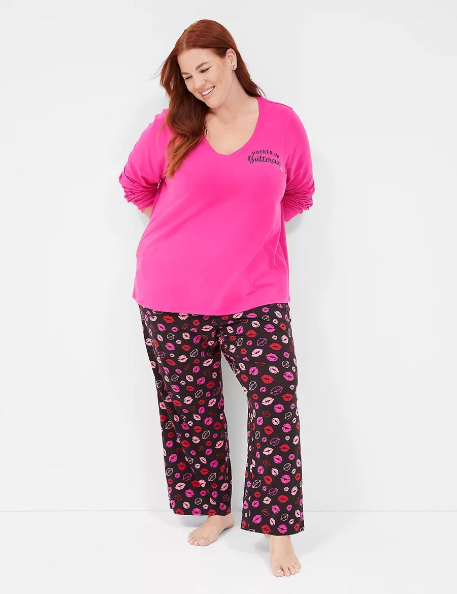 Women Lane Bryant Comfy Cotton V-Neck Tee & Block Pant PJ Set Pajamas Purple Multicolor | KWY8978FM