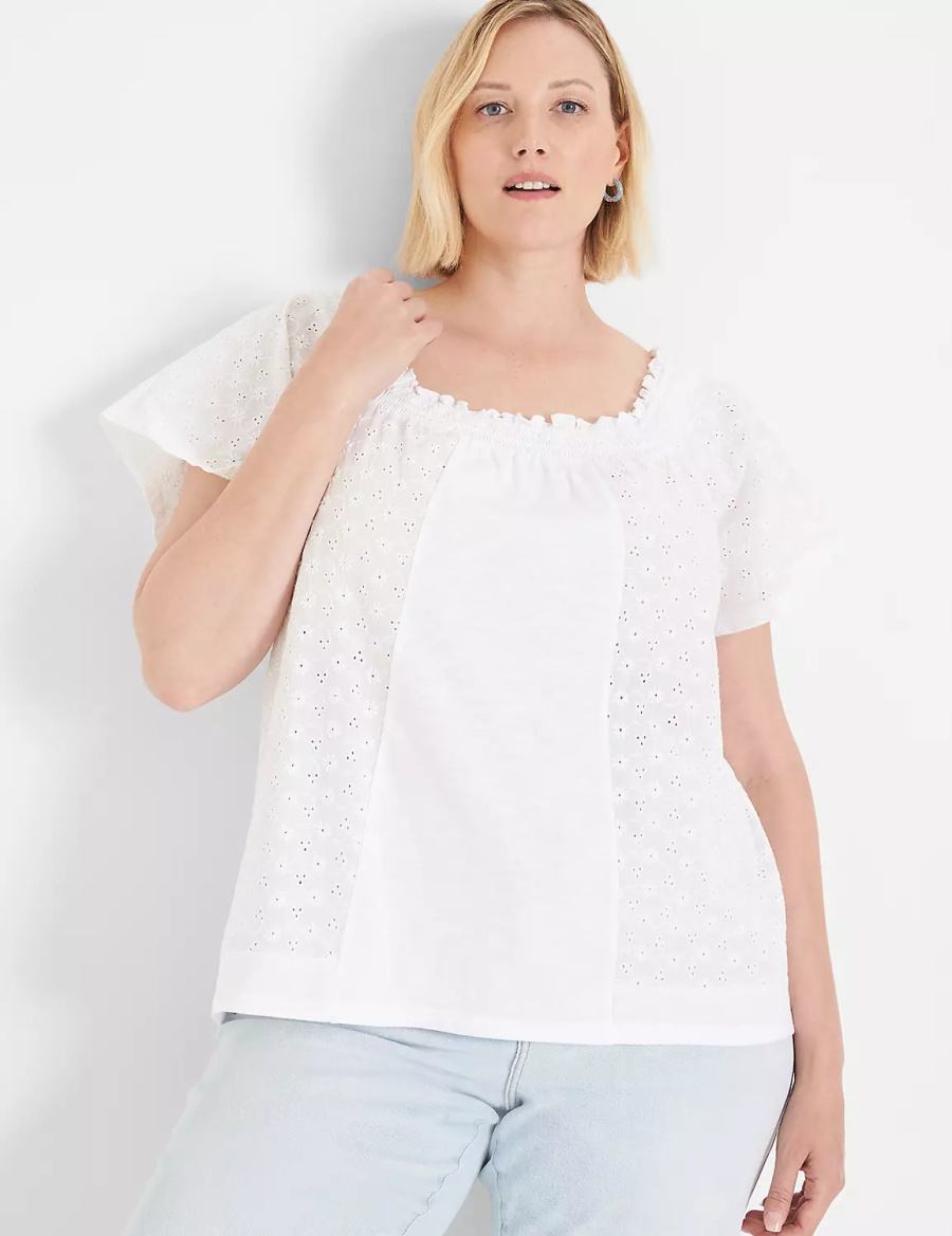 Women Lane Bryant Convertible Eyelet Woven & Knit Top T Shirts White | IDD4284GM