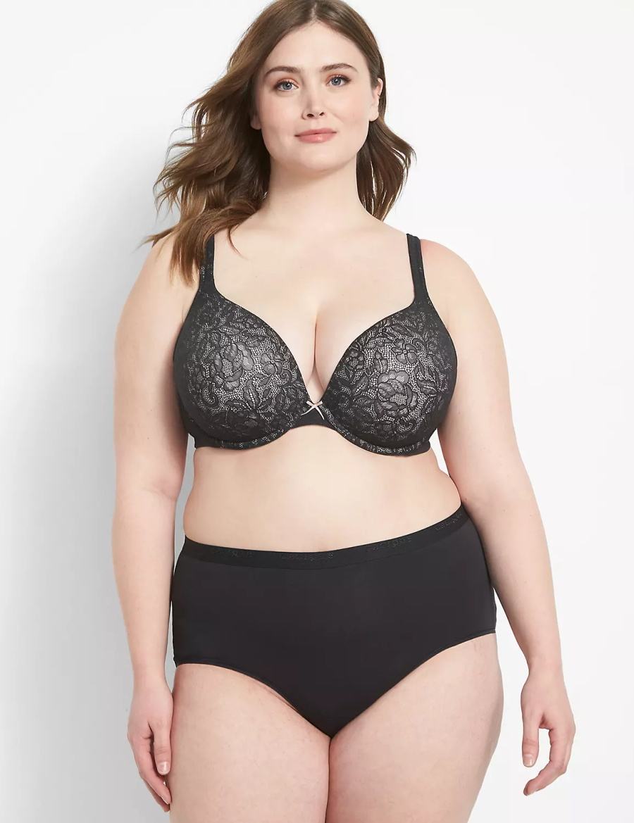 Women Lane Bryant Cotton Boost Plunge With Lace Bralettes Black | DGD9437VN