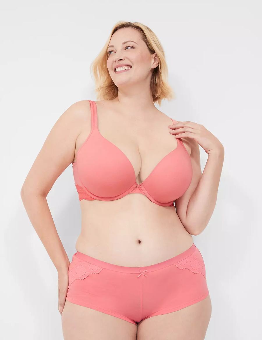 Women Lane Bryant Cotton Boyshort With Lace Briefs Pink | DAH73100KP