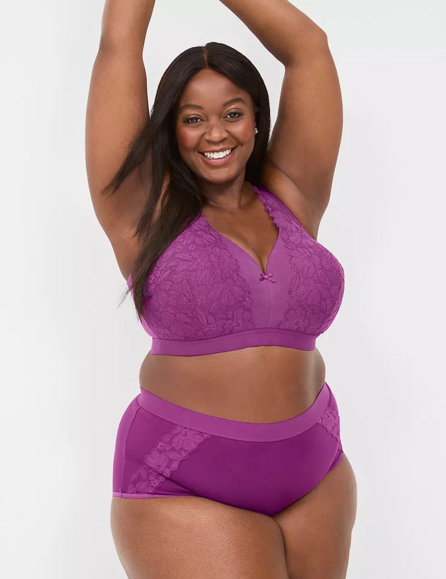 Women Lane Bryant Cotton Full With Lace Trim Briefs Purple | KKR6475DH
