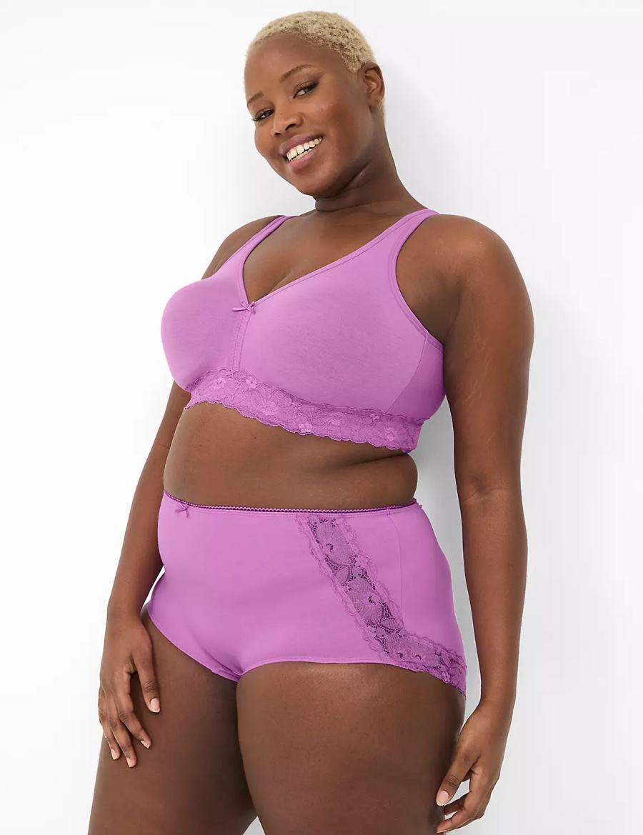 Women Lane Bryant Cotton Full With Lace Back Briefs Purple | LJV1818YU