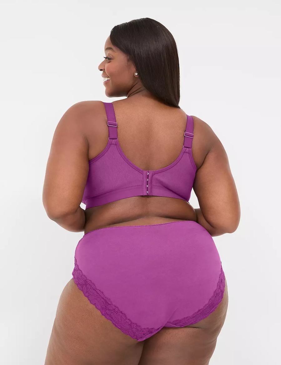 Women Lane Bryant Cotton High-Leg With Lace Back Briefs Purple | TAF8993GY