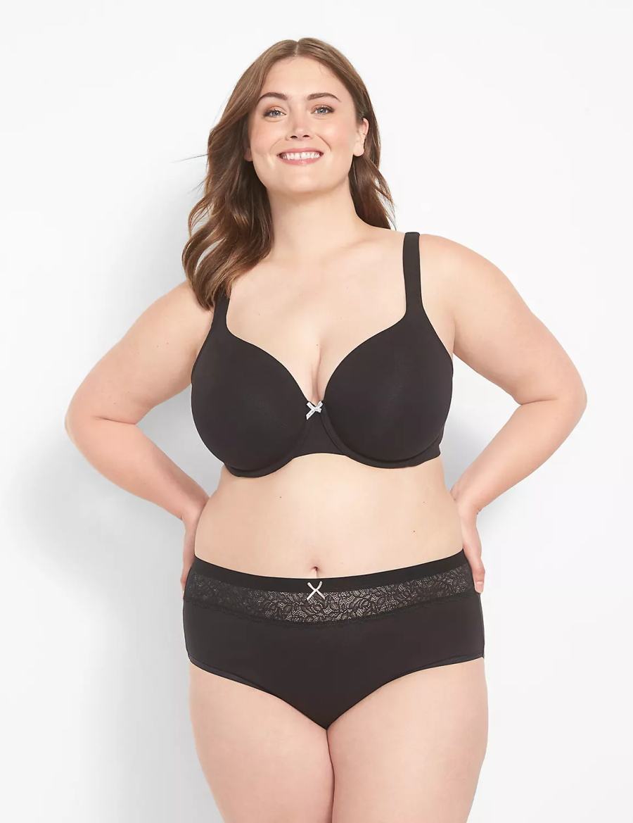 Women Lane Bryant Cotton High-Leg With Lace Waist Briefs Black | ZME8493GG