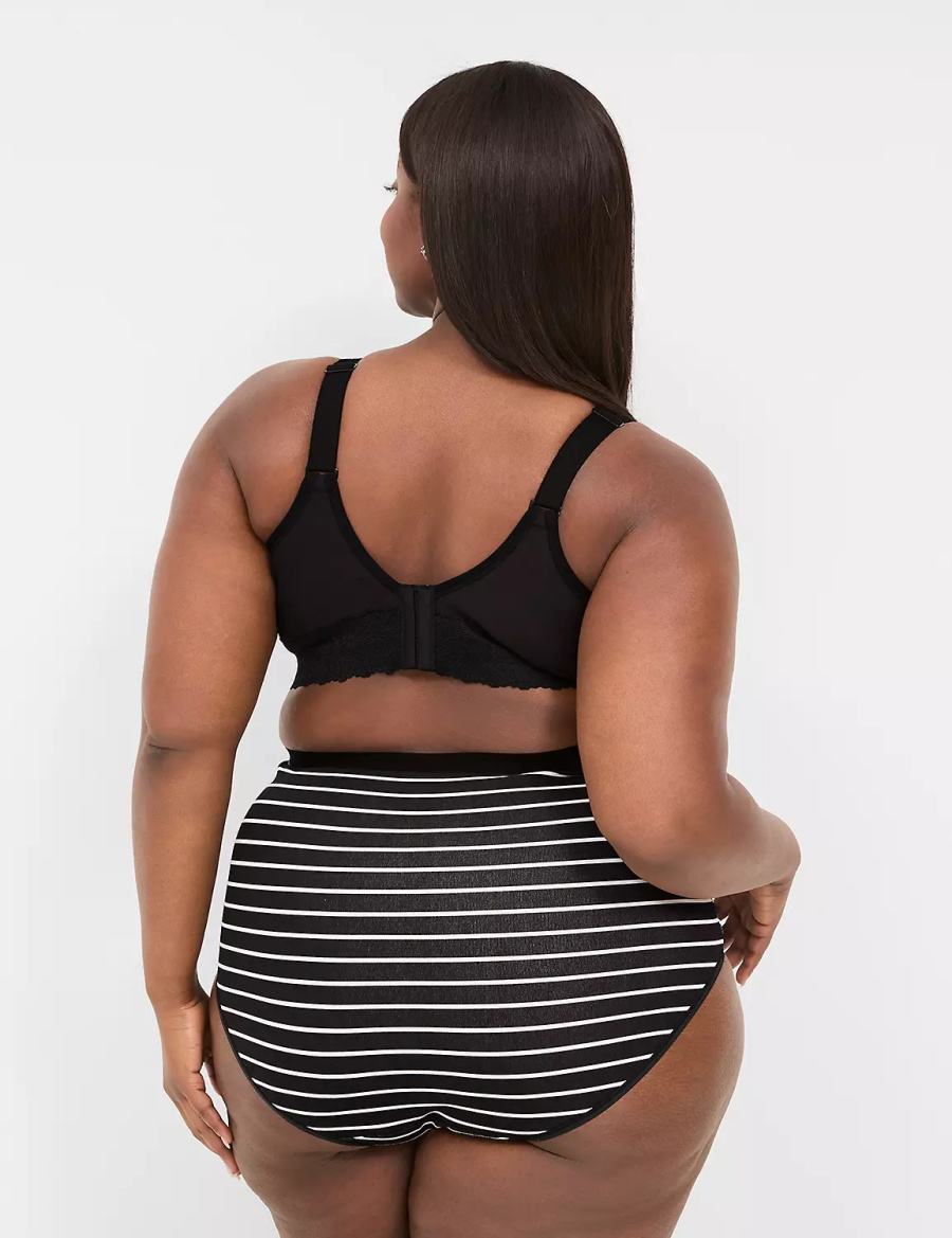 Women Lane Bryant Cotton High-Waist With Lace Waist Briefs Black Stripes | SQF5910VY