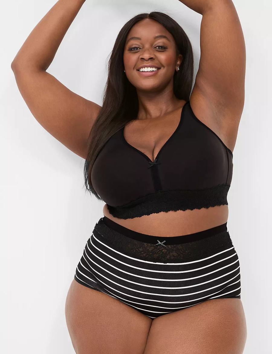 Women Lane Bryant Cotton High-Waist With Lace Waist Briefs Black Stripes | SQF5910VY