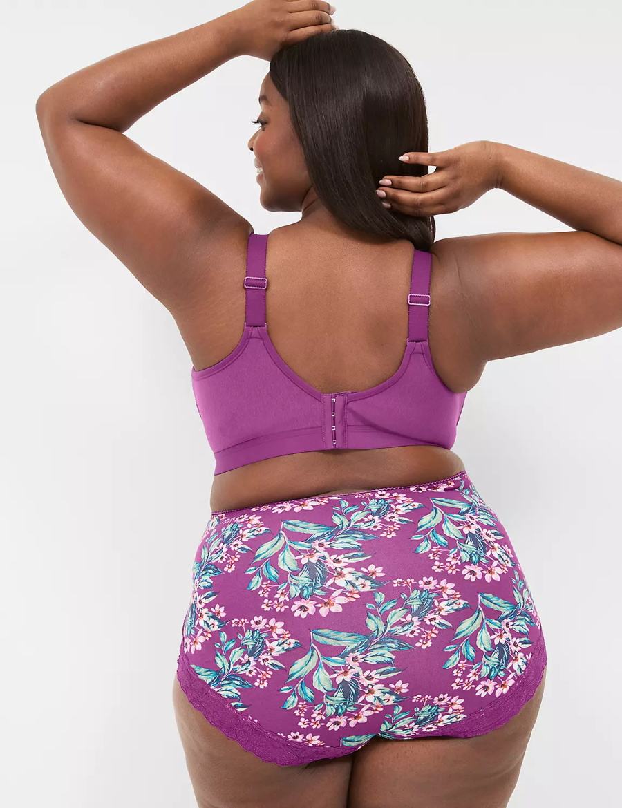 Women Lane Bryant Cotton High-Waist With Lace Back Briefs Purple | UME1441PW