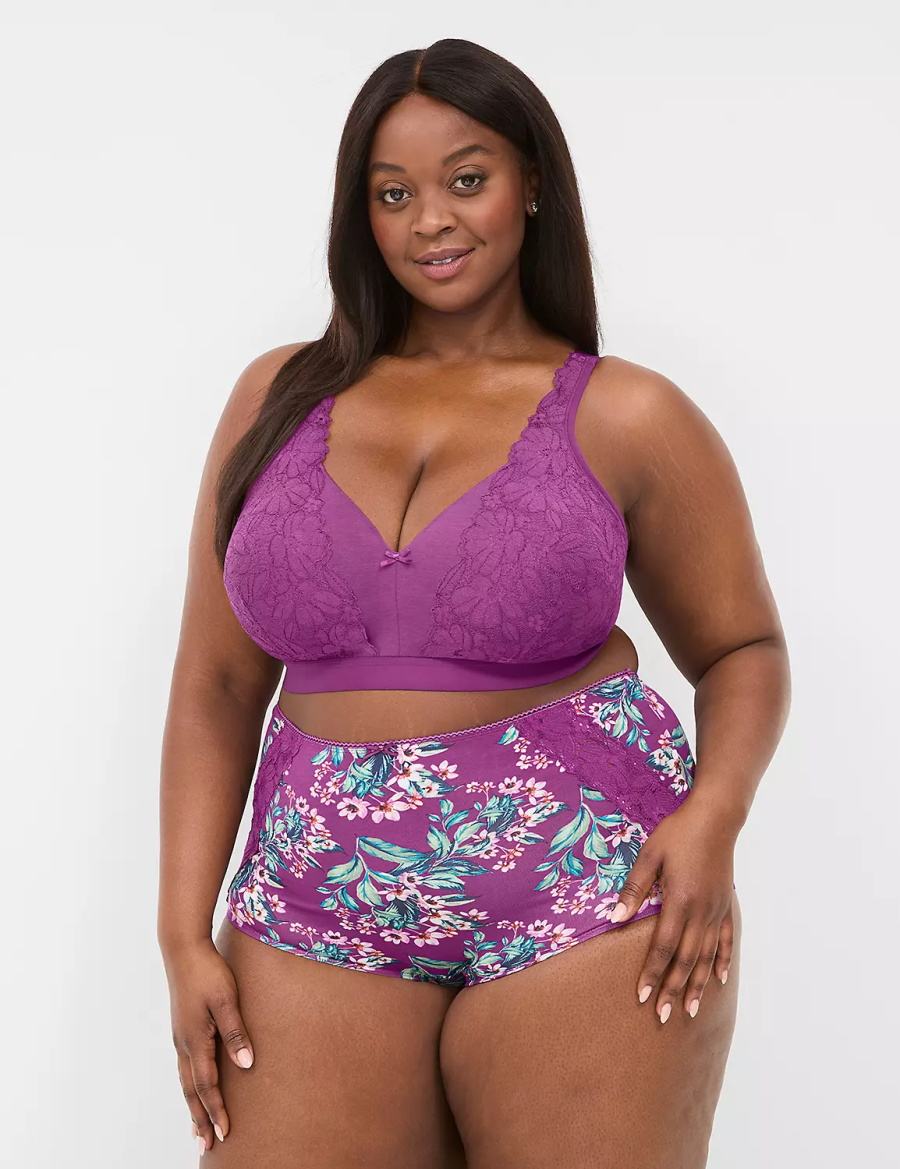 Women Lane Bryant Cotton High-Waist With Lace Back Briefs Purple | UME1441PW