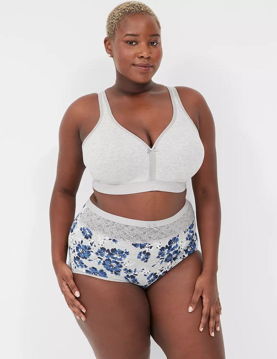 Women Lane Bryant Cotton High-Waist With Lace Waist Briefs Blue Grey | RNQ5679CJ