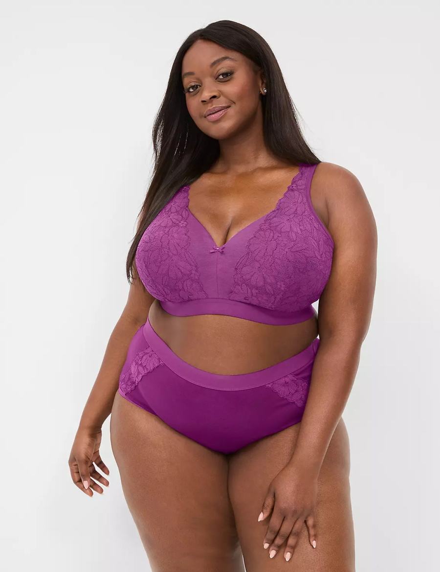 Women Lane Bryant Cotton Lightly Lined No-Wire With Lace Bralettes Purple | TRN6267IT