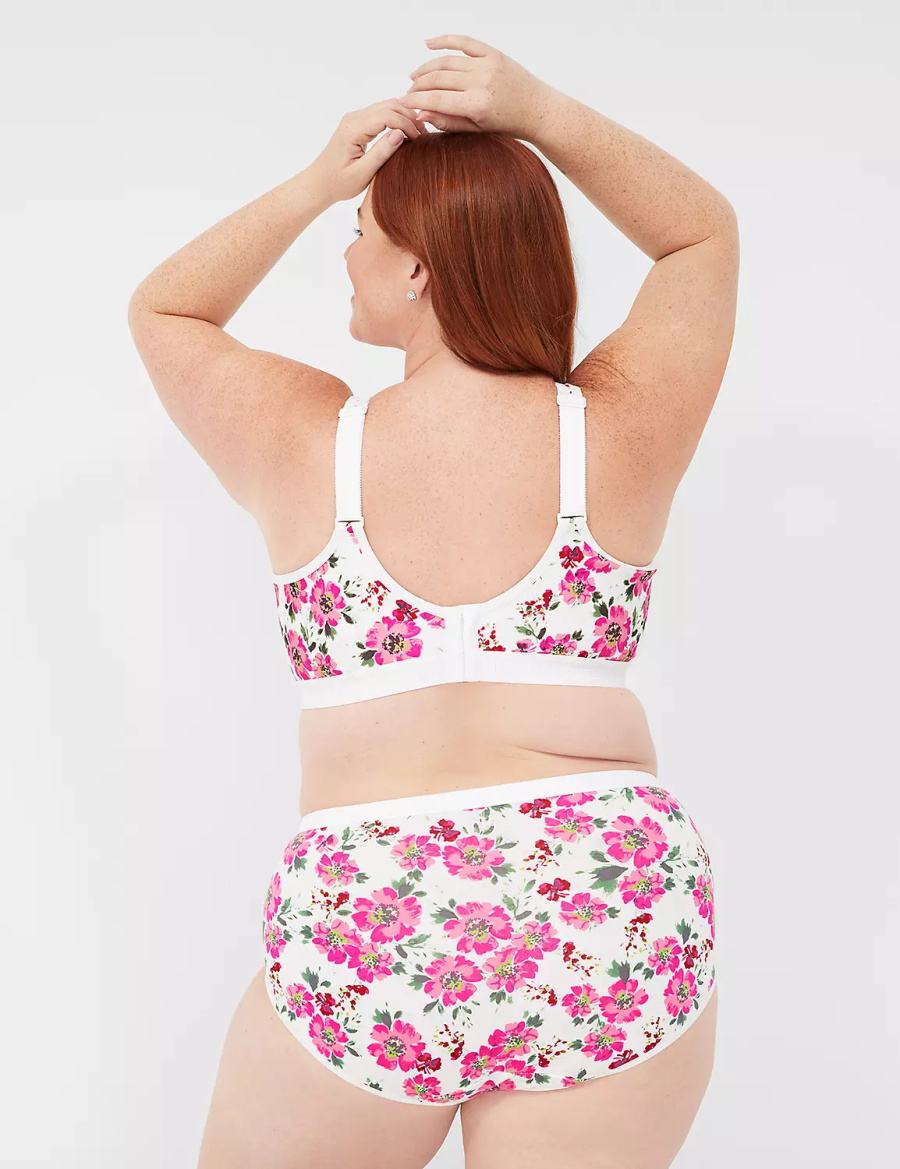 Women Lane Bryant Cotton No-Wire Unlined Bra White Pink | LVX6966VM