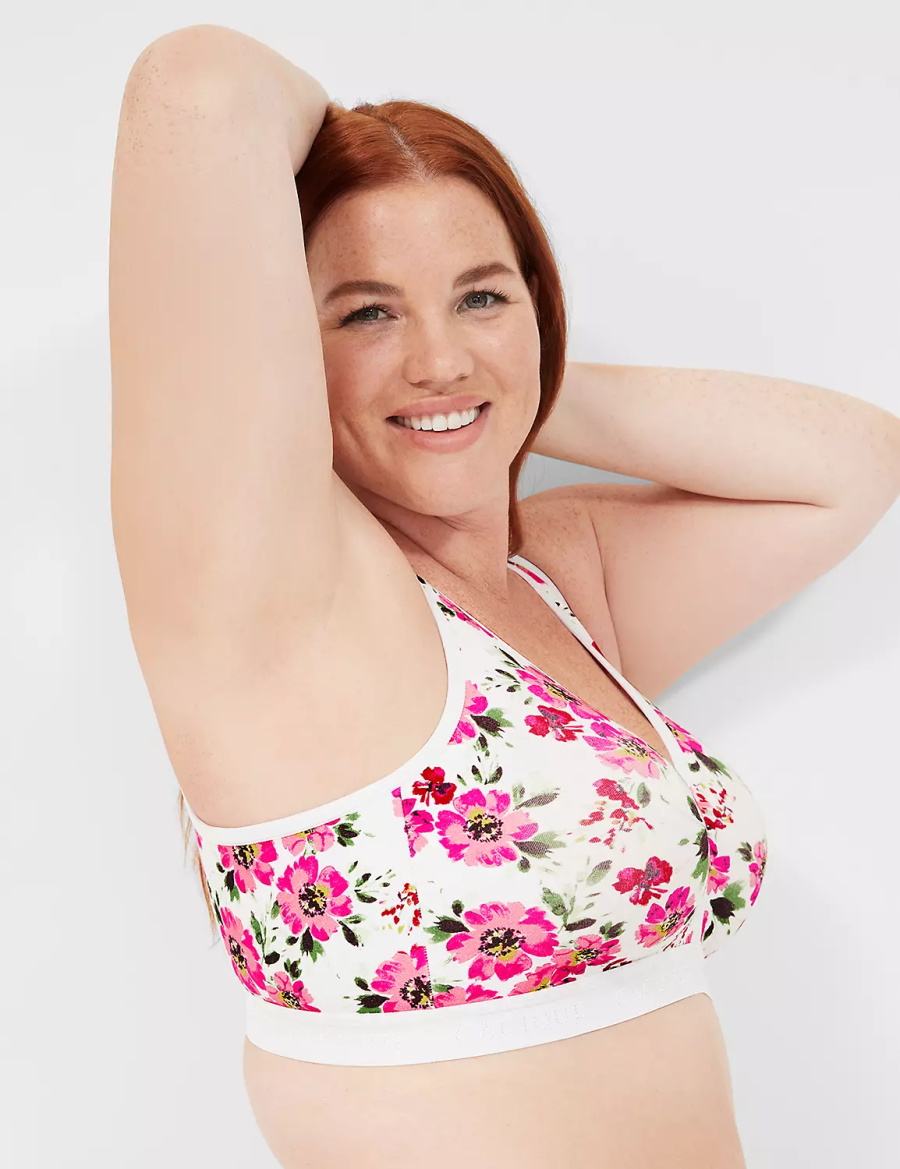 Women Lane Bryant Cotton No-Wire Unlined Bra White Pink | LVX6966VM