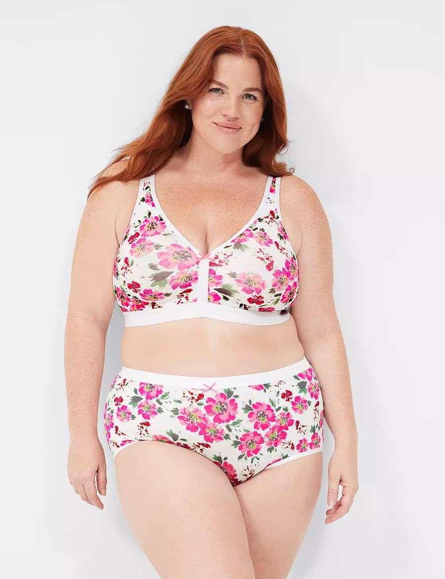 Women Lane Bryant Cotton No-Wire Unlined Bra White Pink | LVX6966VM