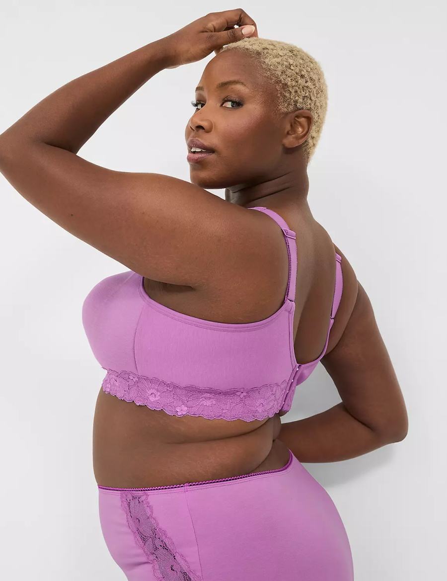 Women Lane Bryant Cotton No-Wire with Lace Unlined Bra Purple | KSM2784AA