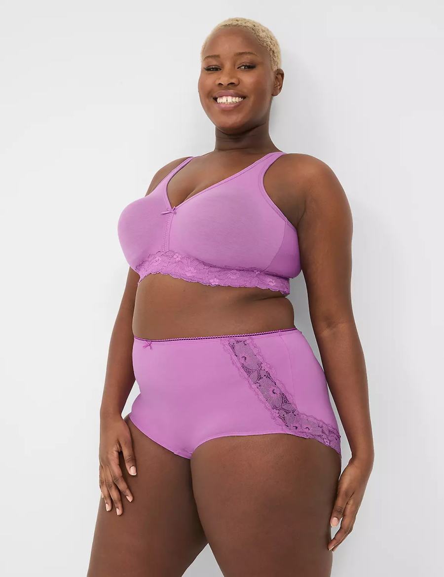 Women Lane Bryant Cotton No-Wire with Lace Unlined Bra Purple | KSM2784AA