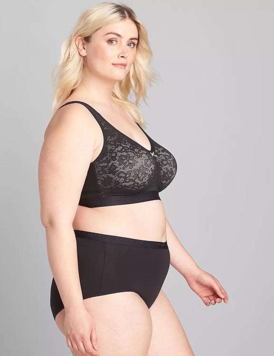 Women Lane Bryant Cotton No-Wire with Lace Unlined Bra Black | PYO6810PU