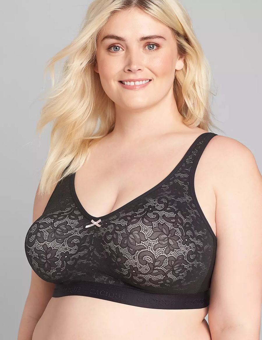 Women Lane Bryant Cotton No-Wire with Lace Unlined Bra Black | PYO6810PU