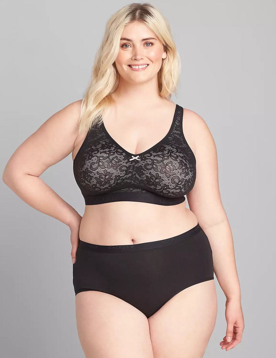Women Lane Bryant Cotton No-Wire with Lace Unlined Bra Black | PYO6810PU