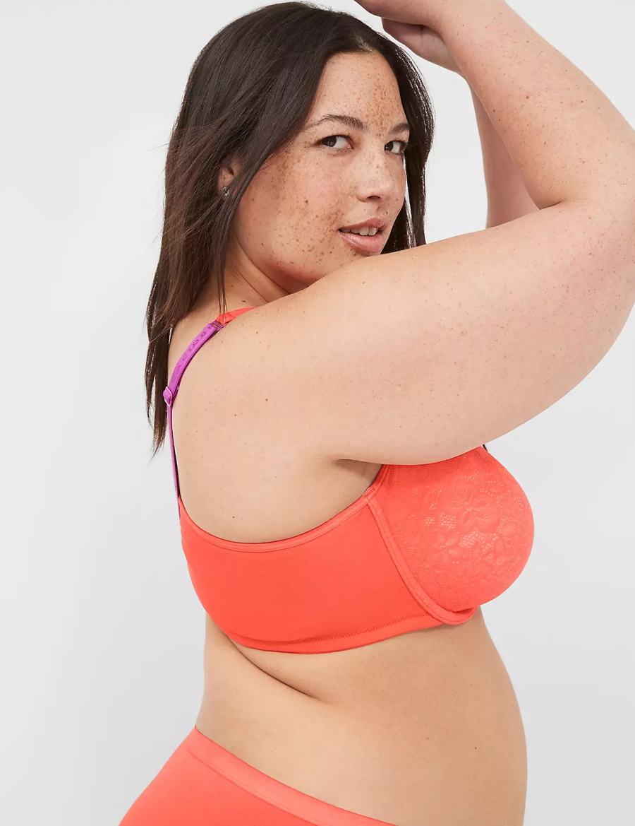 Women Lane Bryant Cotton Plunge with Lace Unlined Bra Red Coral | YRJ2341KW
