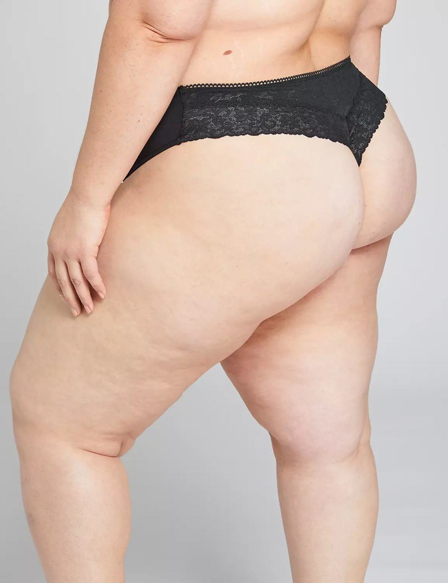 Women Lane Bryant Cotton With Lace Back Thong Panty Black | JQZ7085GE