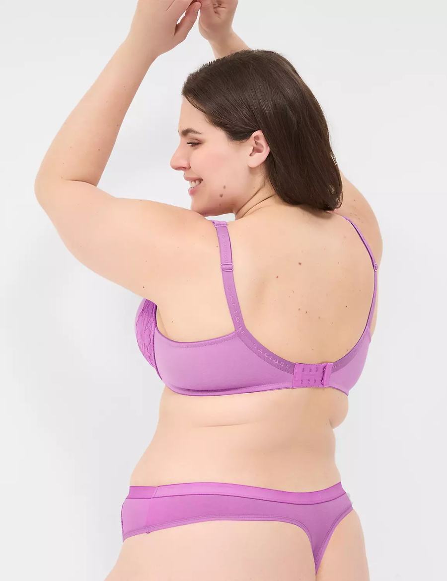 Women Lane Bryant Cotton With Lace Trim Thong Panty Purple | AYT8371JO
