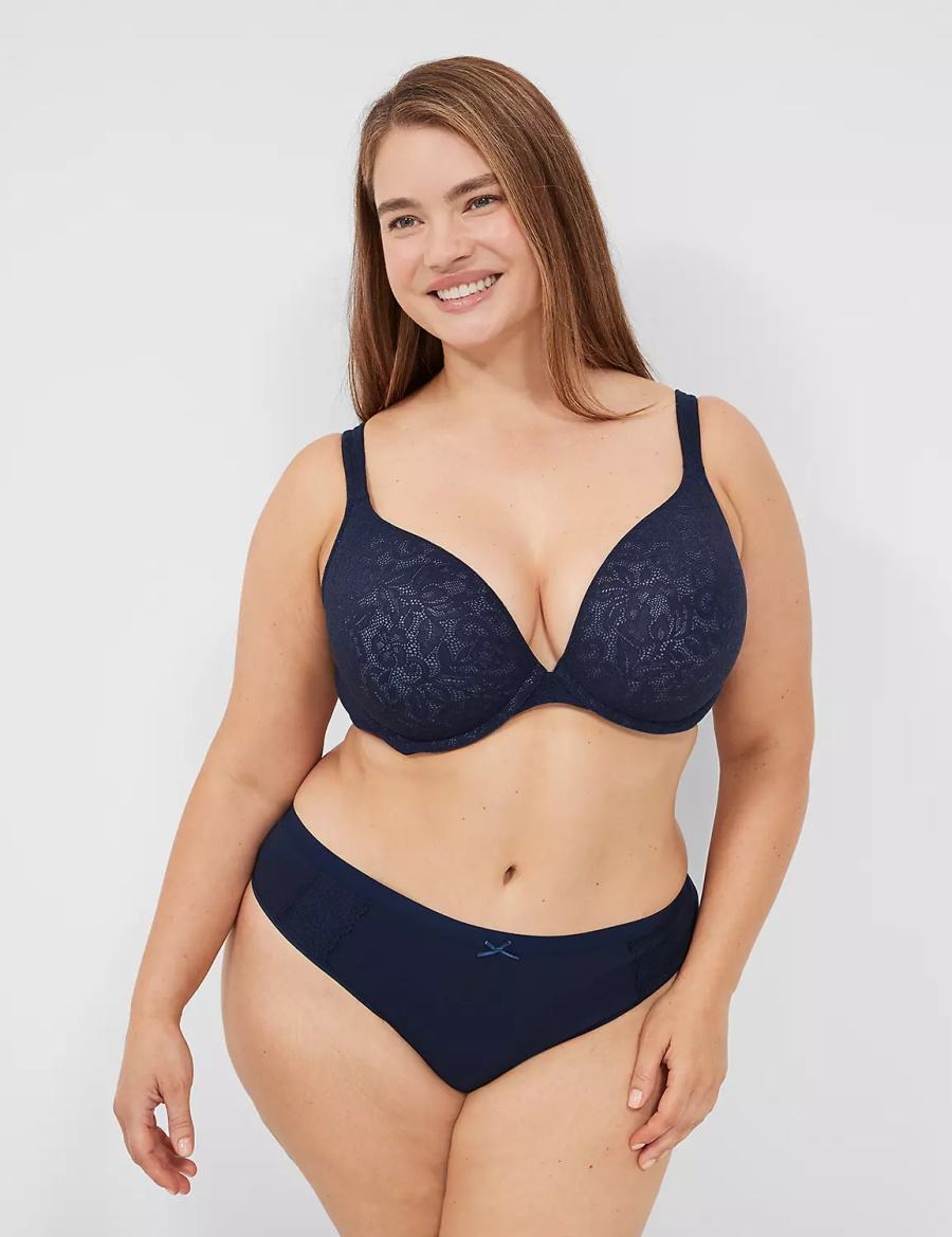 Women Lane Bryant Cotton With Lace Waist Thong Panty Blue | QGQ10056MP
