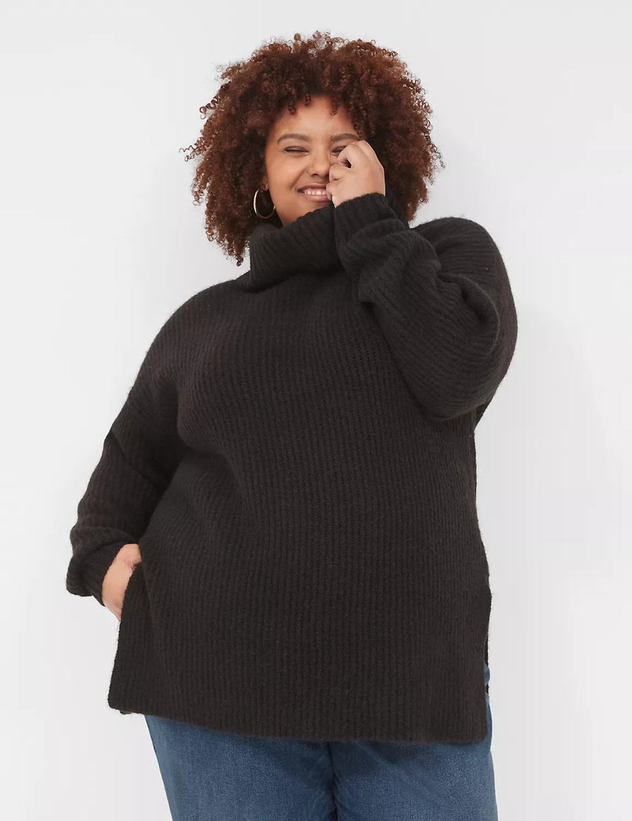 Women Lane Bryant Cowlneck Ribbed Long Sweaters Black | JRV2331RL