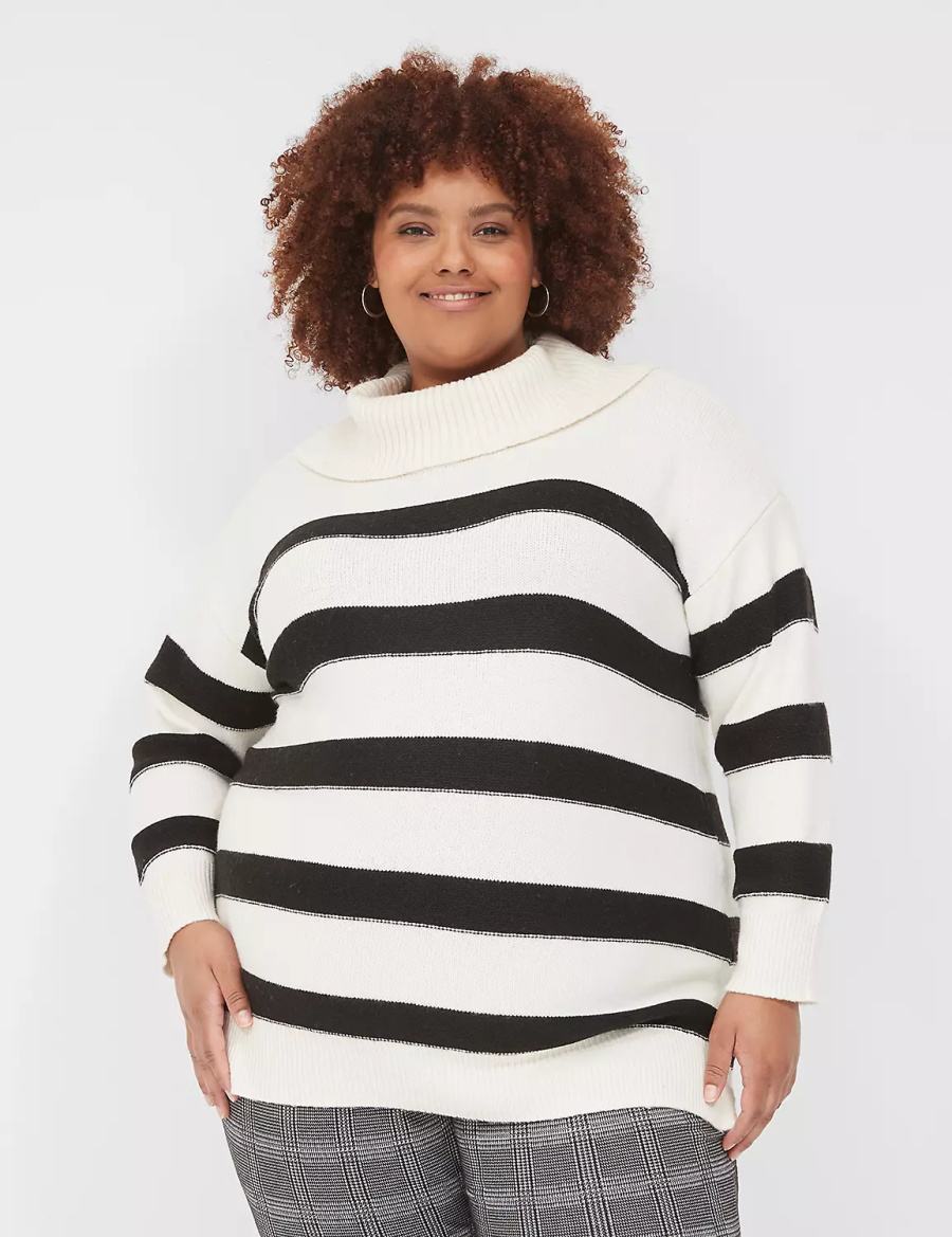 Women Lane Bryant Cowlneck Stripe Tunic Sweaters Cream Black | NNF922ST