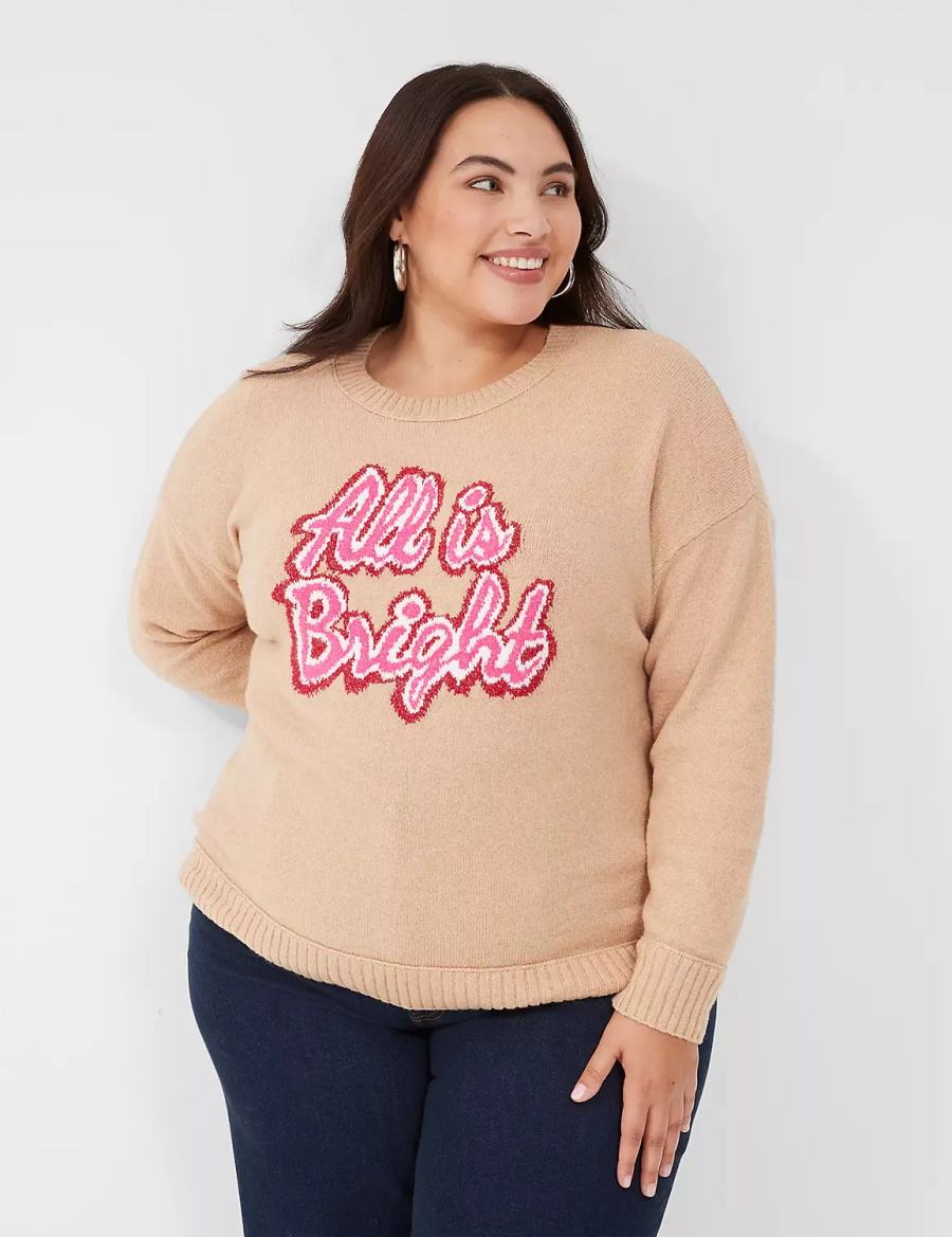 Women Lane Bryant Crew-Neck All Is Bright Sweaters Brown | CUD10041ZK