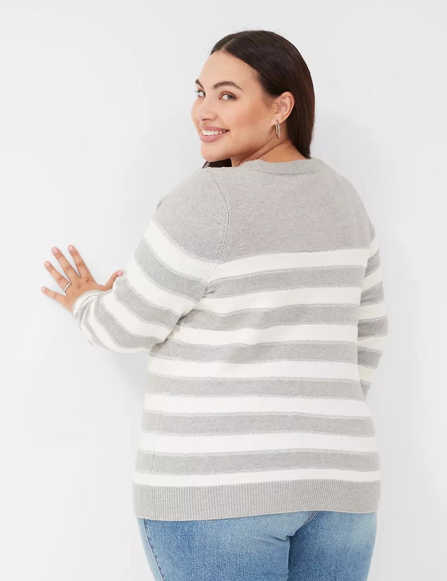 Women Lane Bryant Crew-Neck Button-Shoulder Striped Sweaters Brown | SVE4919UU