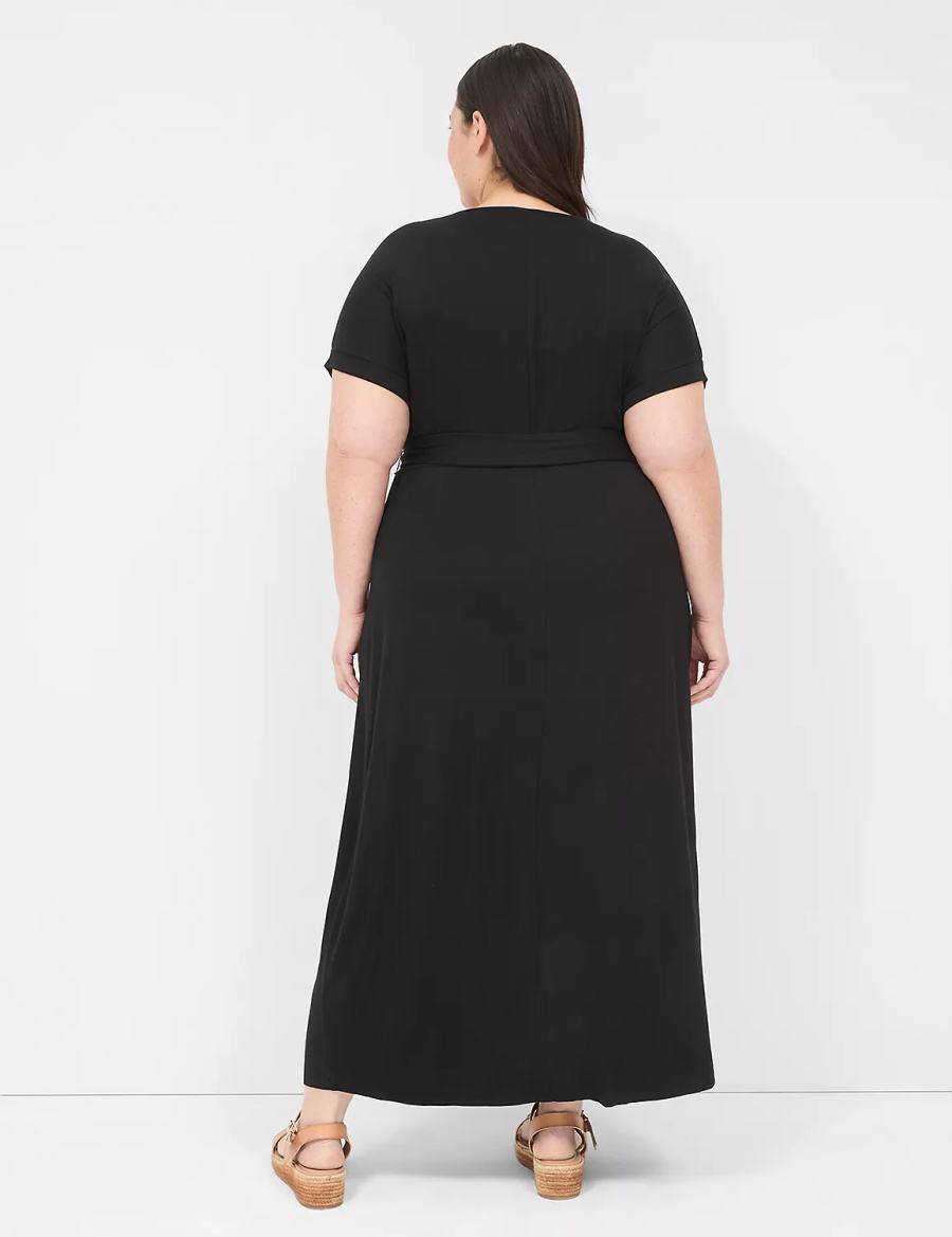 Women Lane Bryant Crew-Neck Faux-Wrap Jersey Midi Dress Black | FHI7273LQ