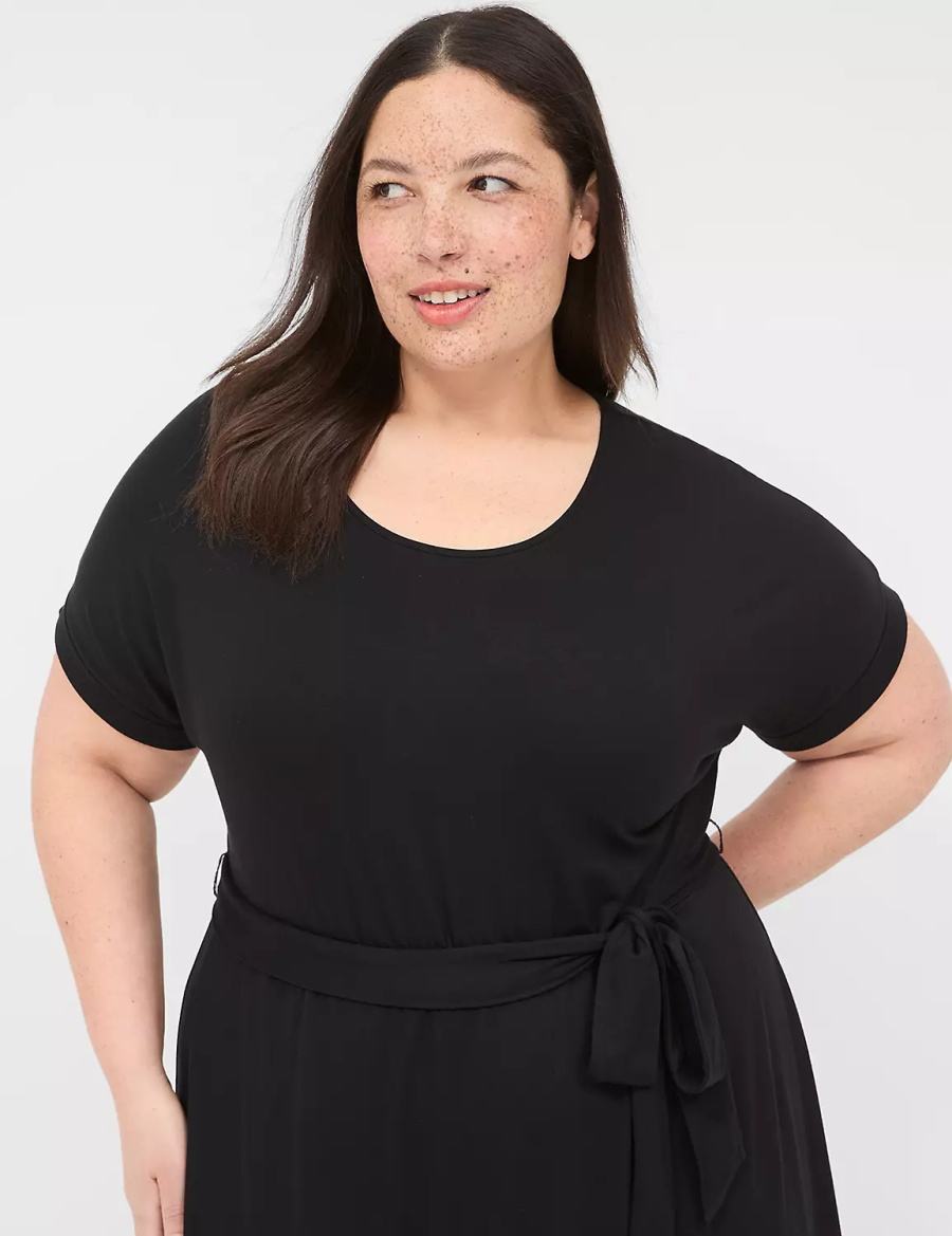 Women Lane Bryant Crew-Neck Faux-Wrap Jersey Midi Dress Black | FHI7273LQ