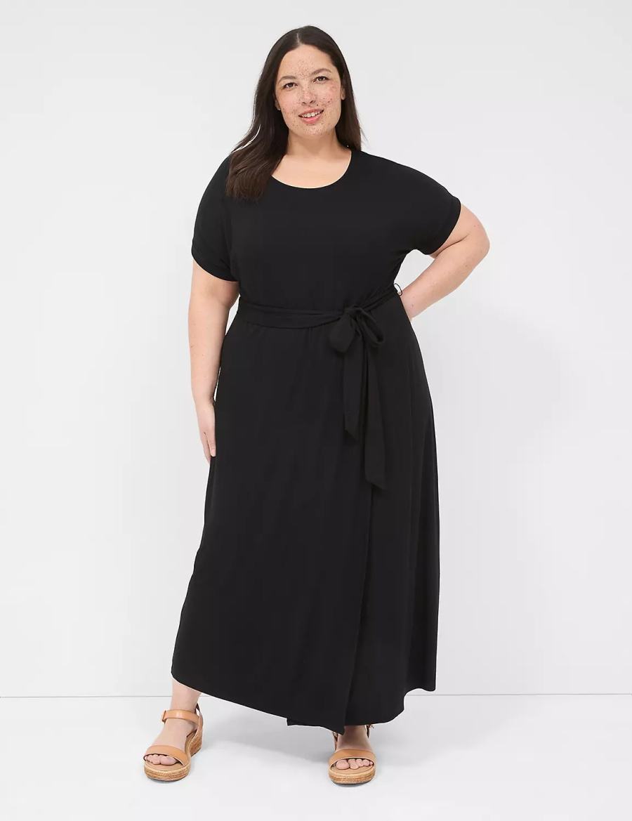 Women Lane Bryant Crew-Neck Faux-Wrap Jersey Midi Dress Black | FHI7273LQ