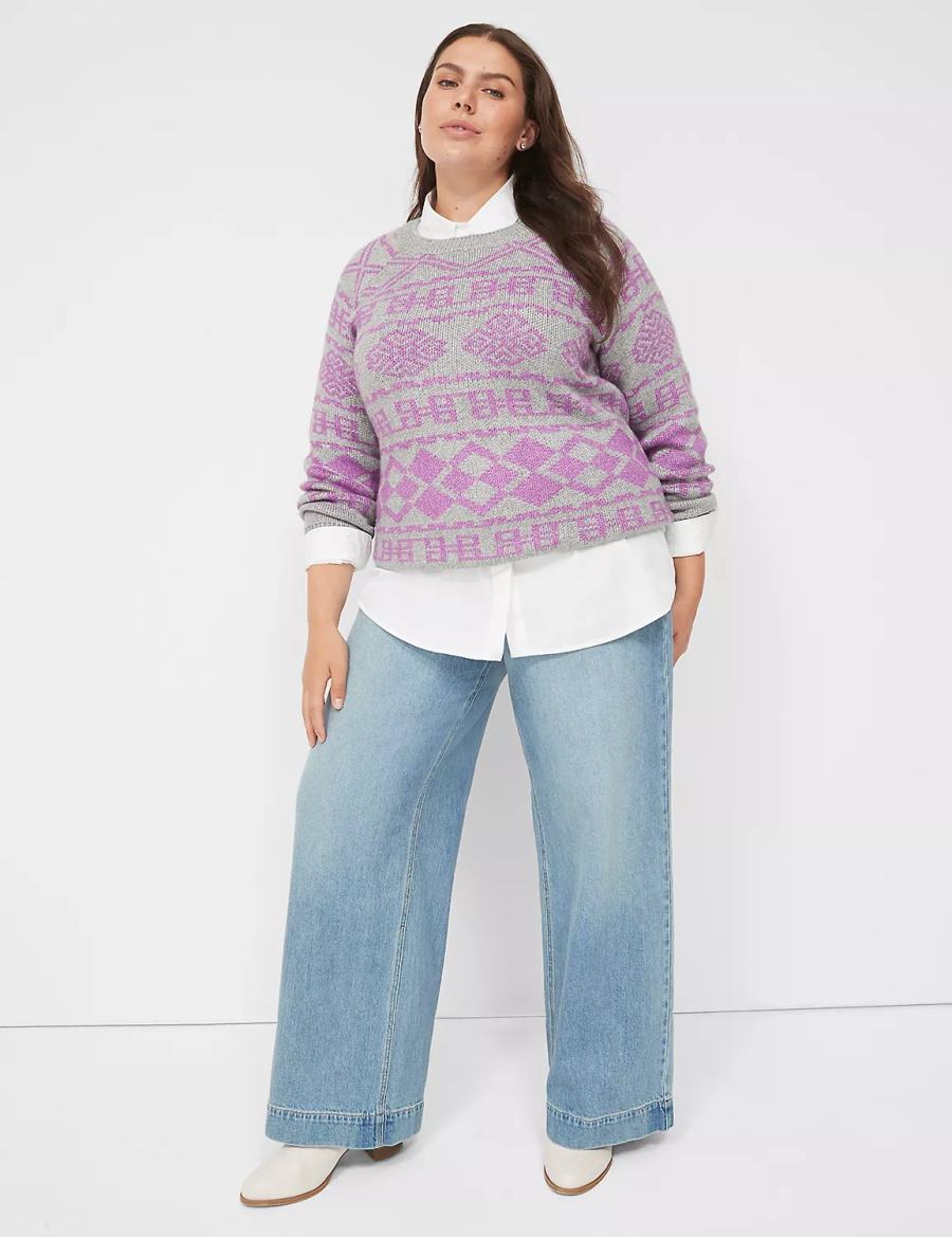 Women Lane Bryant Crew-Neck Jacquard Sweaters Grey | LNS2315LV