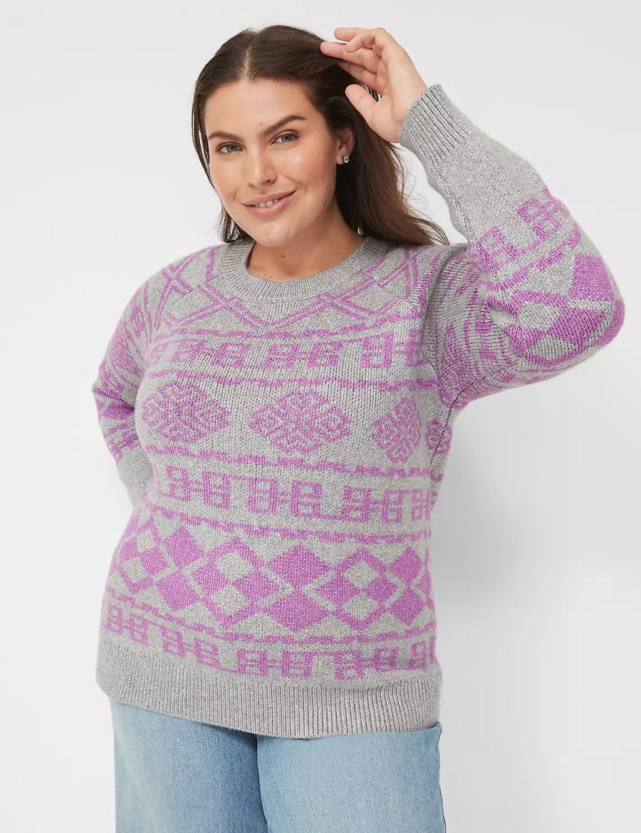 Women Lane Bryant Crew-Neck Jacquard Sweaters Grey | LNS2315LV