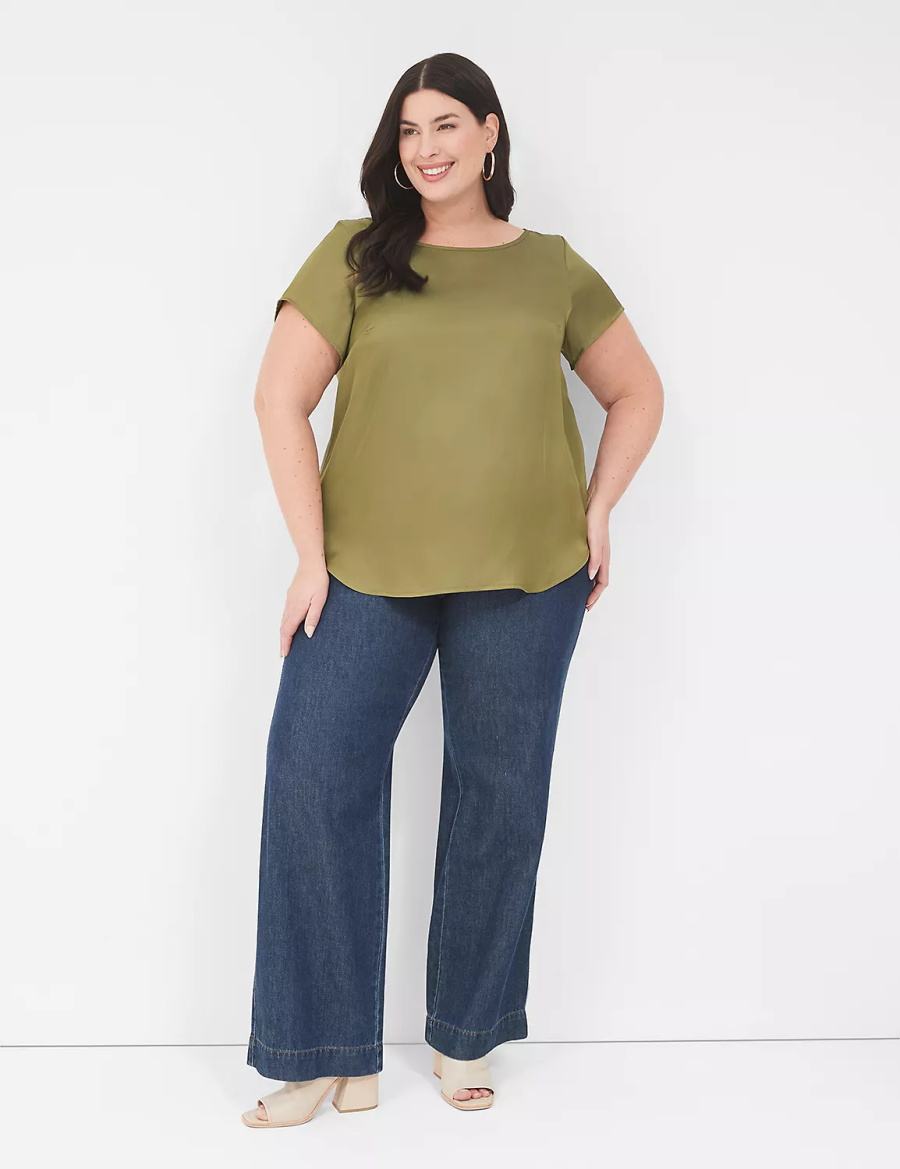 Women Lane Bryant Crew-Neck Satin & Knit Top T Shirts Green | NYE9449RS
