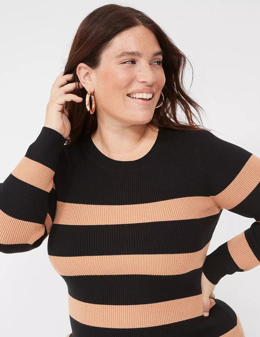 Women Lane Bryant Crew-Neck Stripe Sweater Knitted Dress Black | ATP9015DF