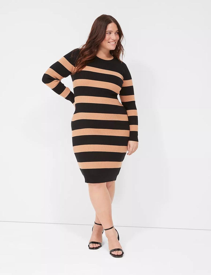 Women Lane Bryant Crew-Neck Stripe Sweater Knitted Dress Black | ATP9015DF