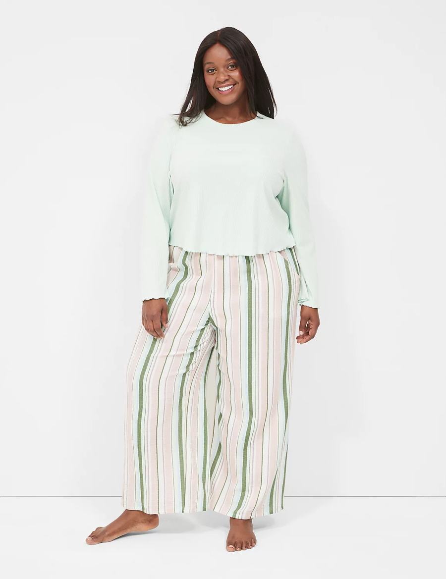 Women Lane Bryant Crinkle Woven Wide Leg Pants Green Multicolor Stripes | YRA6417IJ