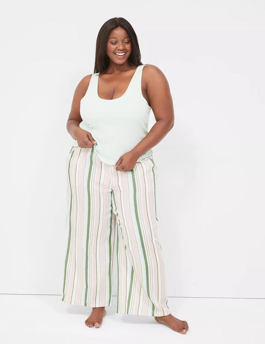 Women Lane Bryant Crinkle Woven Wide Leg Pants Green Multicolor Stripes | YRA6417IJ