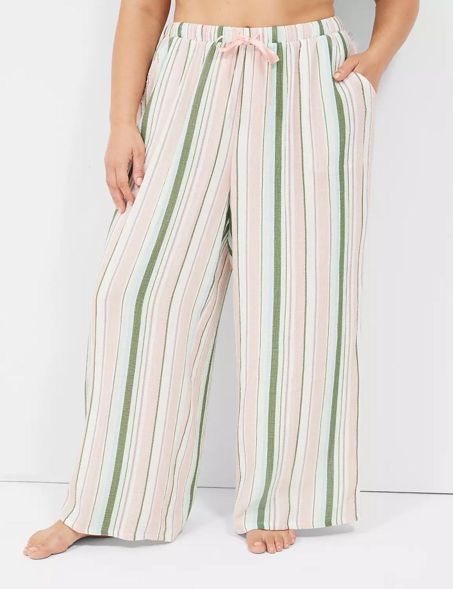 Women Lane Bryant Crinkle Woven Wide Leg Pants Green Multicolor Stripes | YRA6417IJ