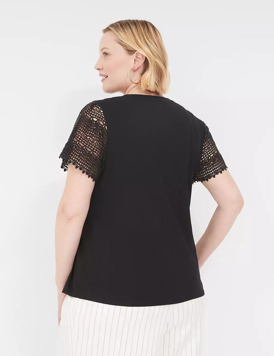 Women Lane Bryant Crochet-Sleeve Crew-Neck Tee T Shirts Black | OAA9245EA